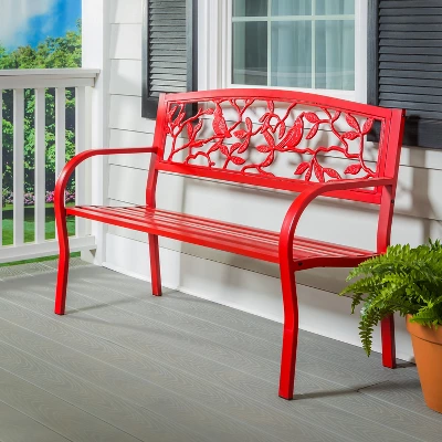 Evergreen Cardinals Metal Garden Bench, Red 2 Evergreen Cardinals Metal Garden Bench, Red - Image 2