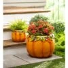 Evergreen Plow & Hearth Indoor/Outdoor Fall Orange Pumpkin Planters In Weather-Safe Resin With Drain Hole, Set Of 2, 8" Dia. X 6"H And 15" Dia. X 12"H