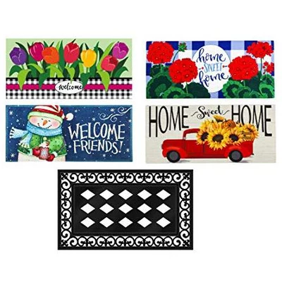 Evergreen Indoor Outdoor Doormat Bundle Set Of 5 - Frame And 4 Welcome Seasonal Inserts Floral Red Truck Snowman 1 Evergreen Indoor Outdoor Doormat Bundle Set Of 5 - Frame And 4 Welcome Seasonal Inserts Floral Red Truck Snowman
