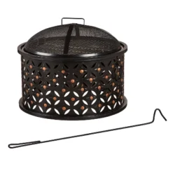 Evergreen Cylinder Lattice Fire Pit- 26 X 20 X 26 Inches Outdoor Safe And Weather Resistant With Spark Guard, Tabletop, And Poker