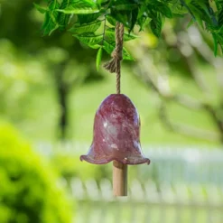 Evergreen Art Glass Speckle Pink Floral Shaped Bell Chime- 7 X 7 X 7 Inches Outdoor Decor