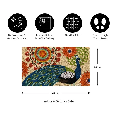 Evergreen Proud Peacocks Welcome Indoor Outdoor Coir Doormat 1'4"x2'4" Multicolored 1 Evergreen Proud Peacocks Welcome Indoor Outdoor Coir Doormat 1'4"x2'4" Multicolored