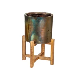Evergreen Metallic Patina Planter With Wood Stand Set Of 2 -Optimal Home Decoration GUEST b69ff5be 70e3 4cb0 adc8 87f01883021f