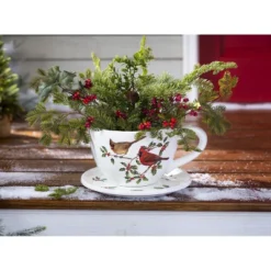 Evergreen Indoor/Outdoor Cardinal Teacup Planter With Saucer