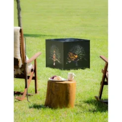 Evergreen Square Tree Of Life Fire Pit- 24 X 25.75 X 24 Inches Outdoor Safe And Weather Resistant With Drainage Hole And Poker