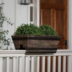 Evergreen 24" Railing Planter, Square Whisky Barrel Finish