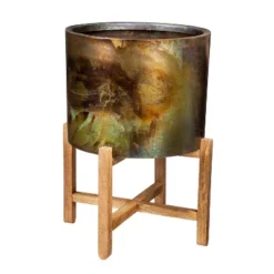 Evergreen Metallic Patina Planter With Wood Stand Set Of 2 -Optimal Home Decoration GUEST f6121b3b eac7 4522 857a d38dae0e8c08